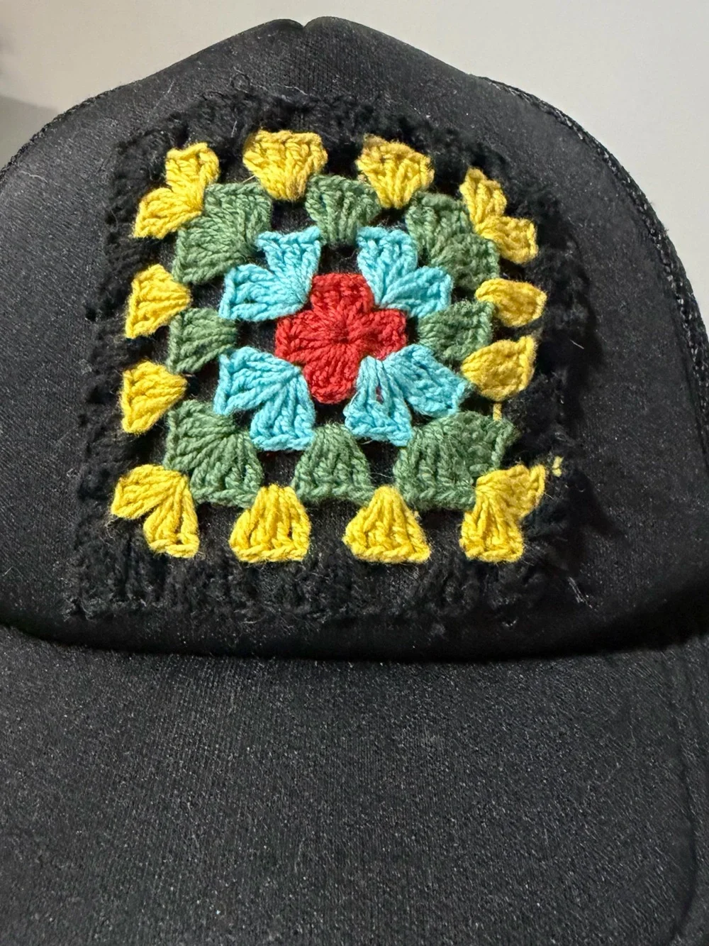 Black Truckers Hat with Crochet Granny Square.